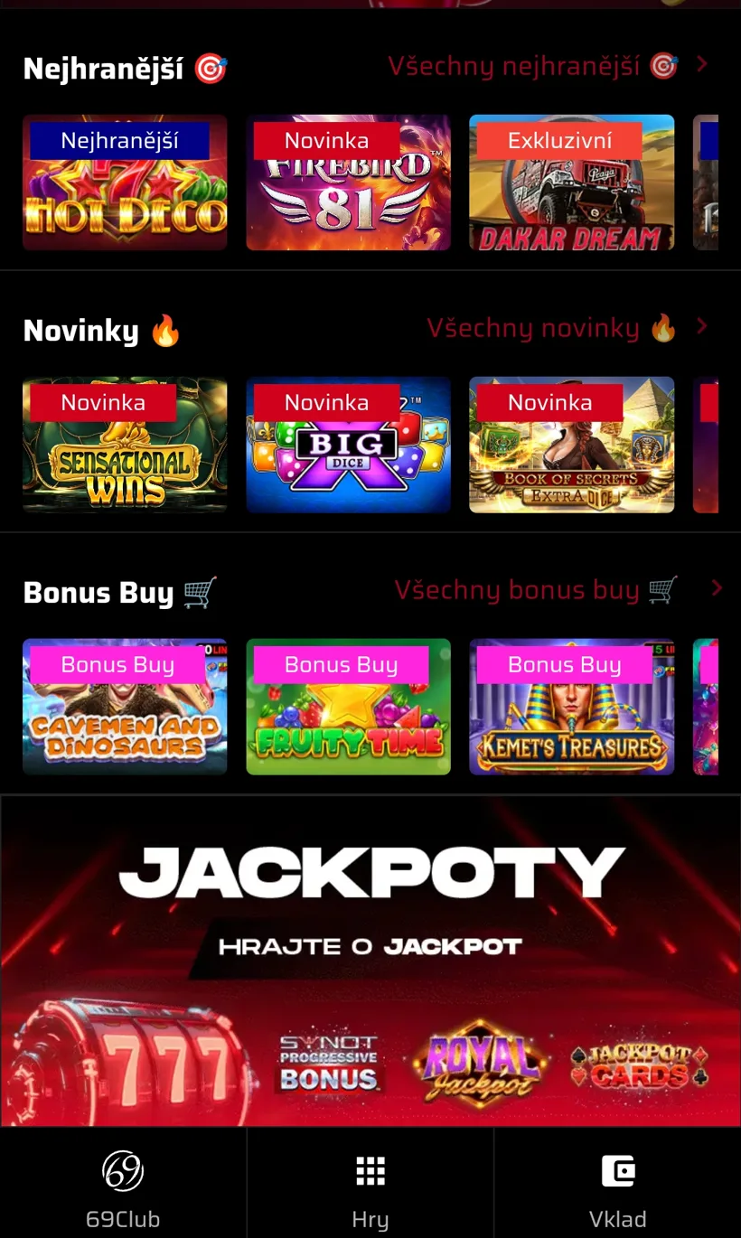 69 GAMES — herní lobby s kategoriemi Nejhranější, Novinky a Bonus Buy
