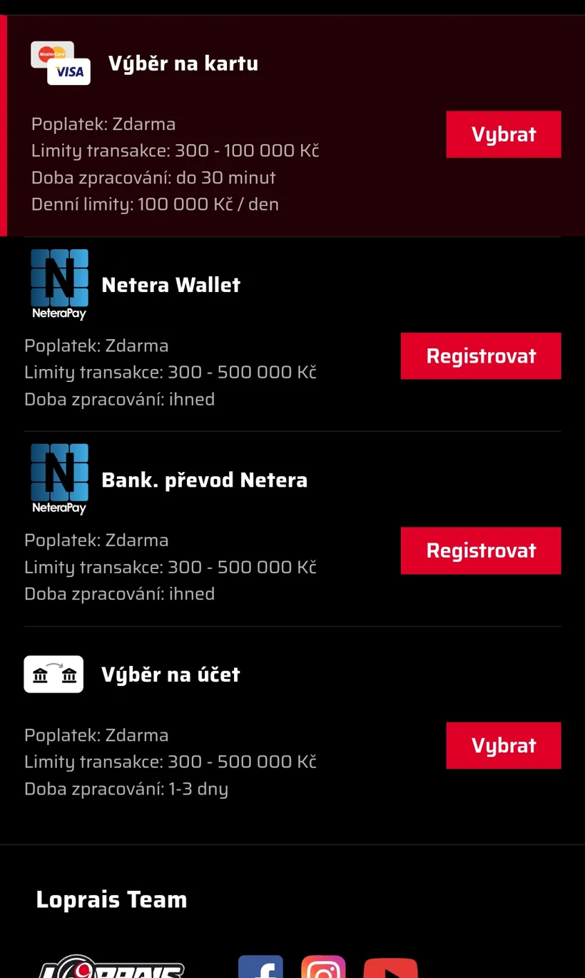 Metody výběru na 69 GAMES — karta do 30 minut, Netera ihned, účet 1–3 dny